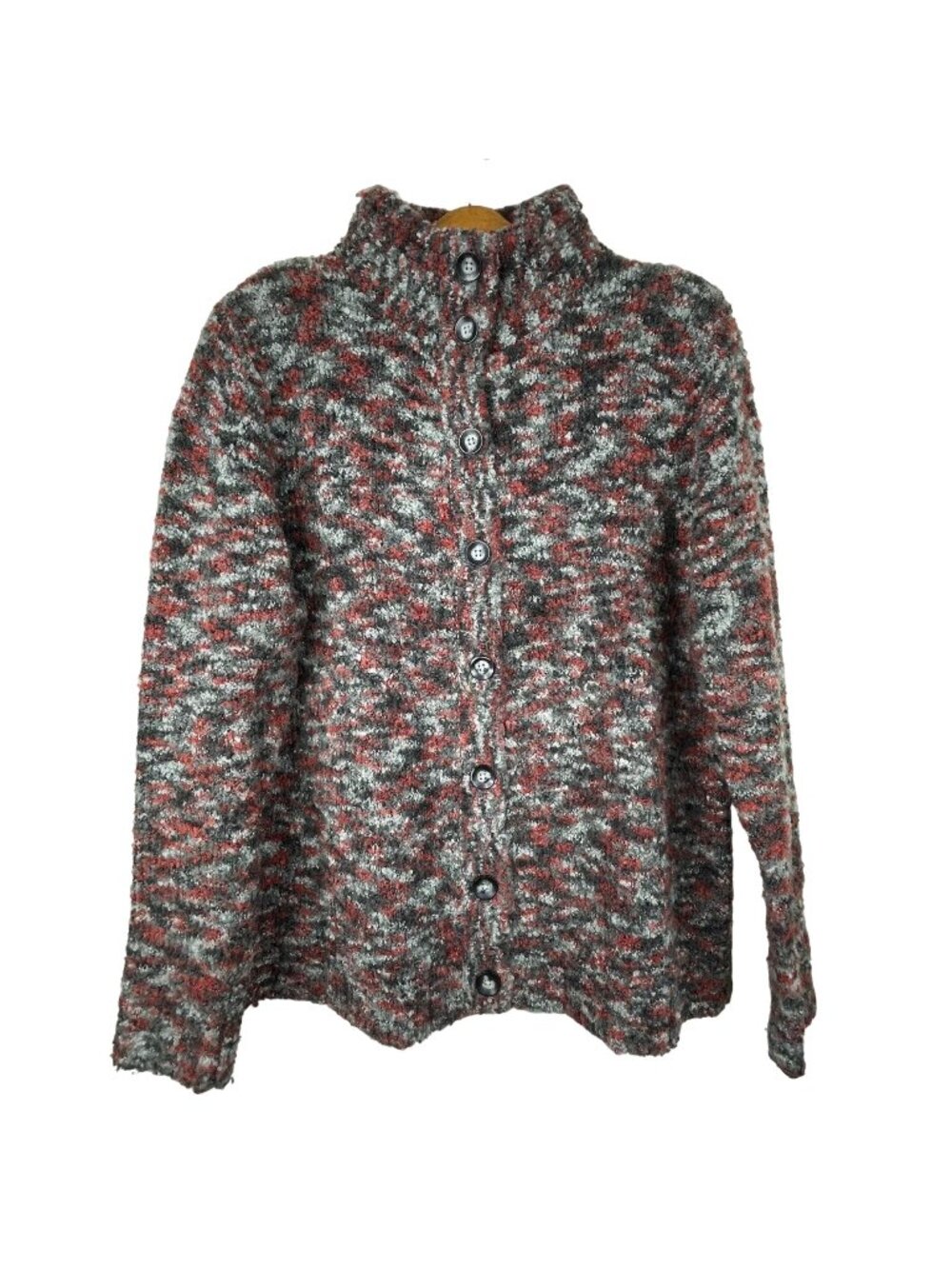 Woolrich Cardigan Medium Gray Red Marled Boucle Mock Neck Sweater